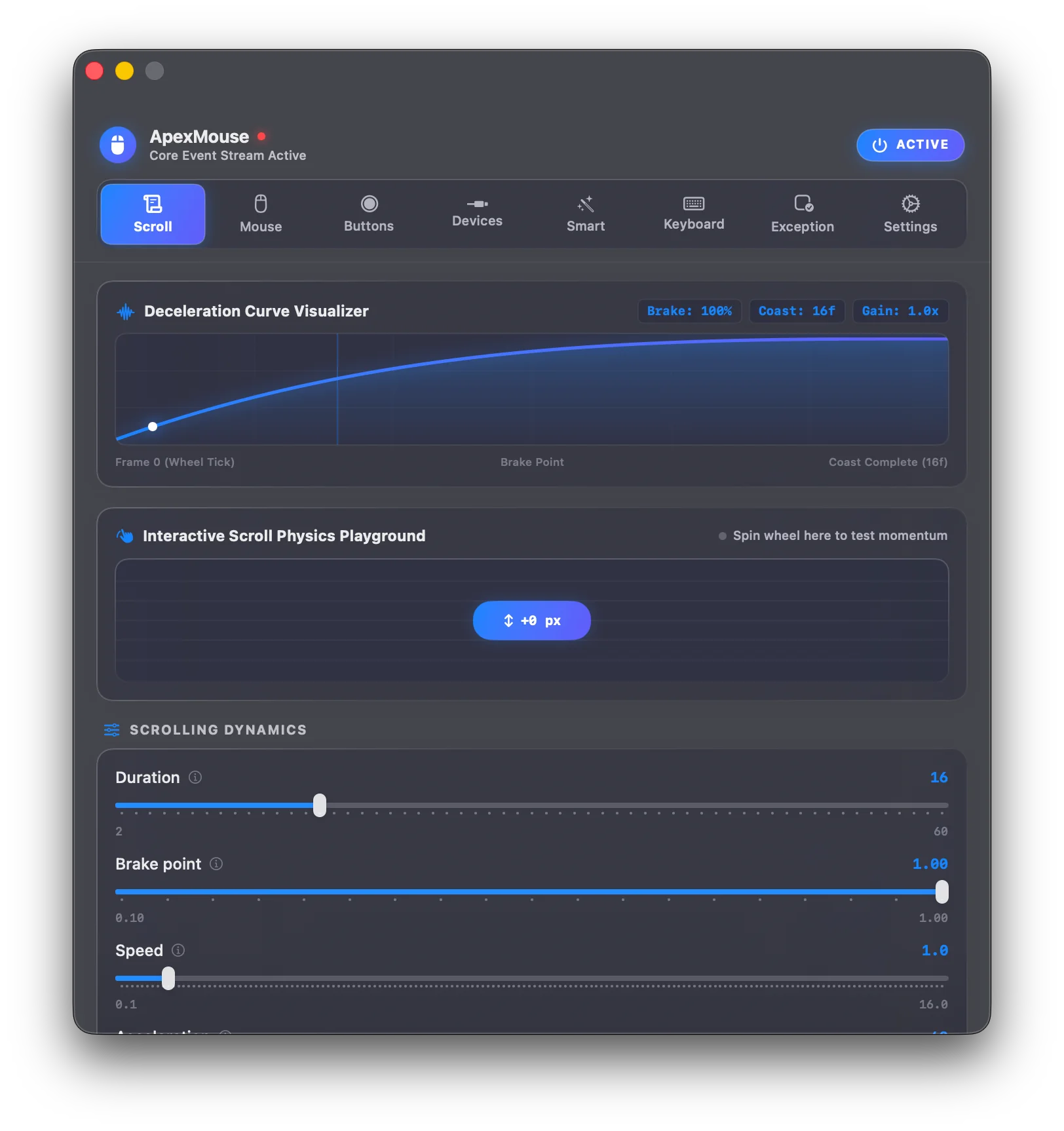 ApexMouse ProMotion 120Hz Smooth Scrolling macOS Interface