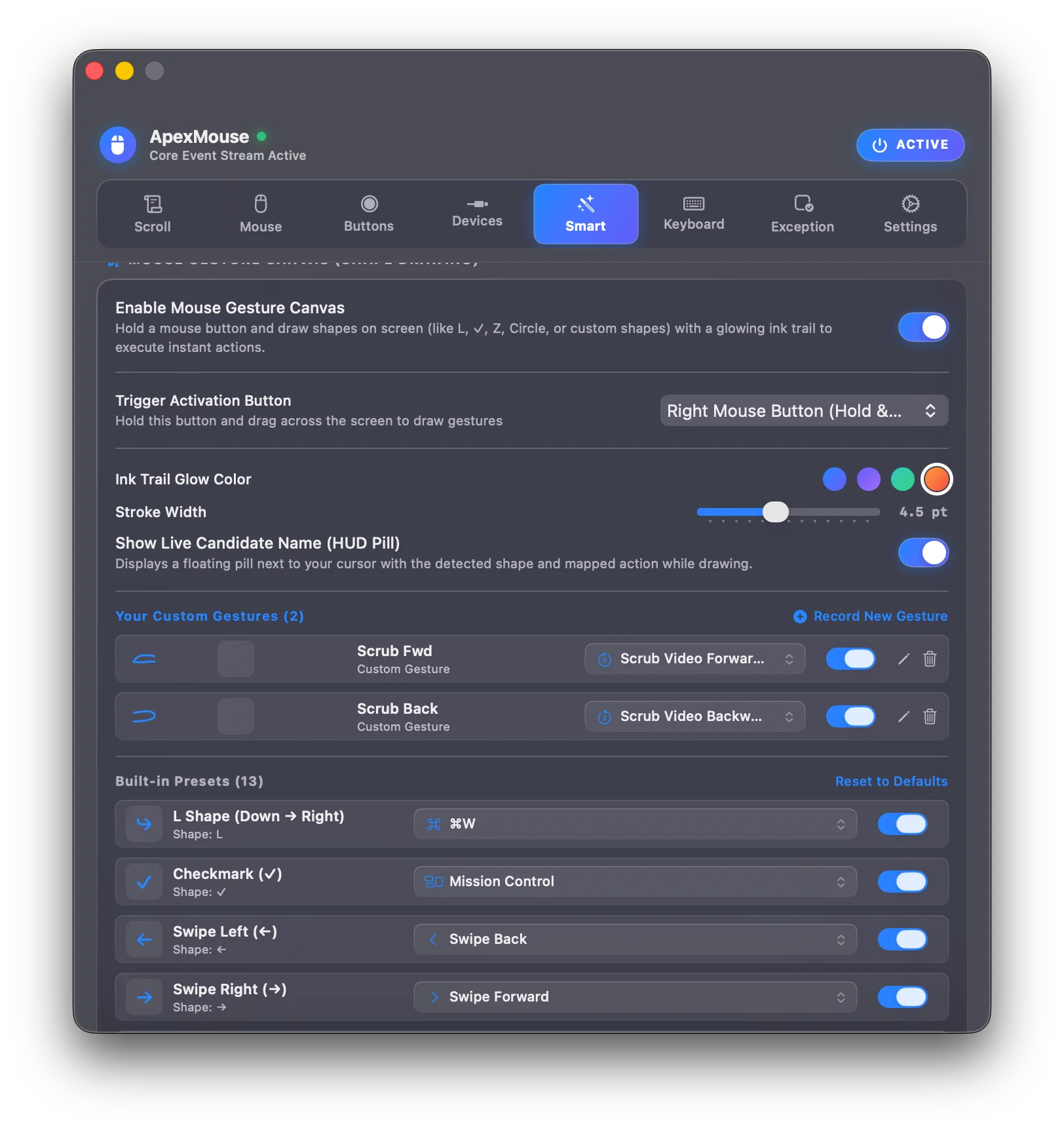 Mouse Gesture Canvas and Glowing Ink Trail Settings